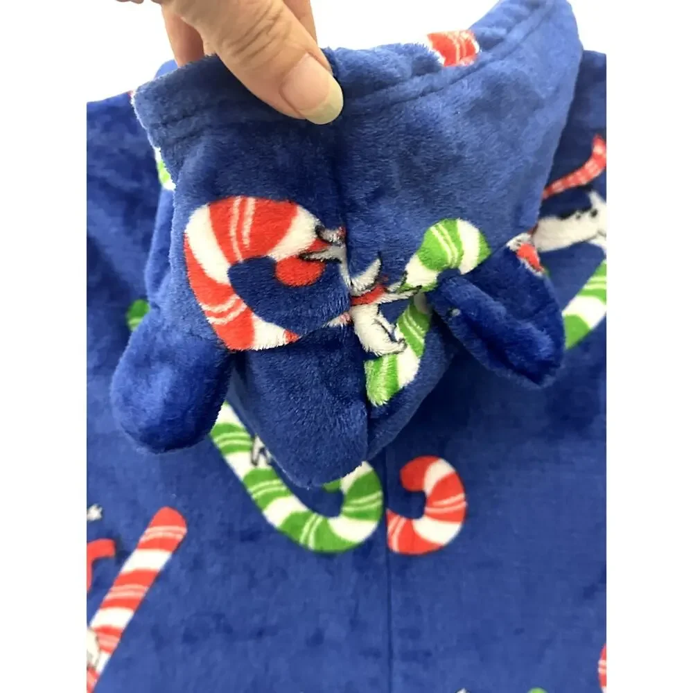 Munki Munki Youth Candy Cane Sled Hooded Fleece Pajamas Zip-Up One-Piece Blue 4